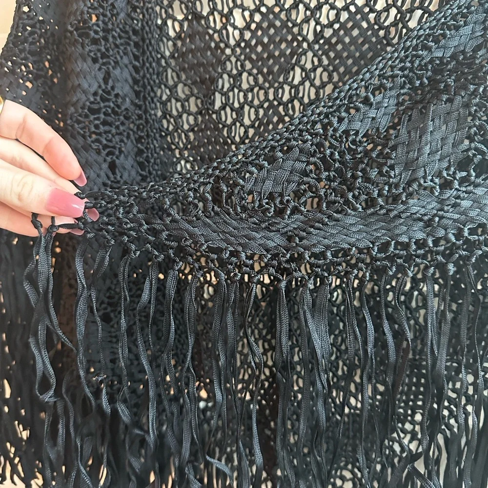 Boho Black crochet Fringe Shawl - Picture 3 of 5